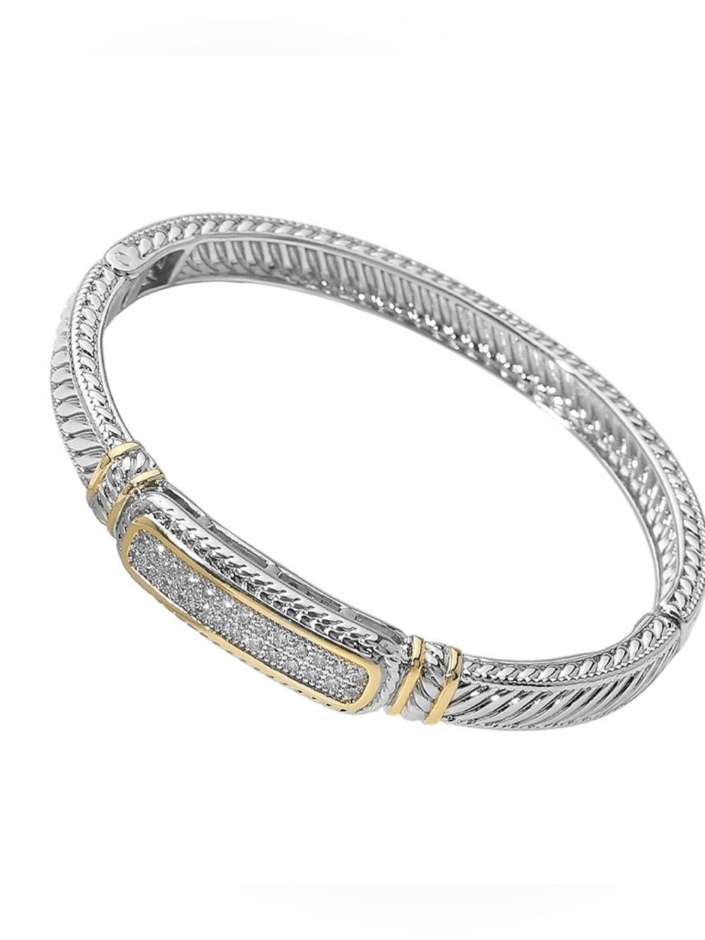 14K Gold Plated Two Pave Cable Bangle Bracelet ( Hinged)
